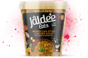 Our Moroccan Style Chicken Soup pot packaging, with a red powder splatter behind it. Our Quick Eats pot consists of spicy chicken and vegetable soup, making it the perfect halal lunch when at work and too busy to prepare long recipes. Re-heat and eat, the Jaldee way!