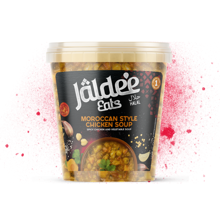 Our Moroccan Style Chicken Soup pot packaging, with a red powder splatter behind it. Our Quick Eats pot consists of spicy chicken and vegetable soup, making the perfect halal lunch when at work and too busy to prepare long recipes. Re-heat and eat, the Jaldee way!