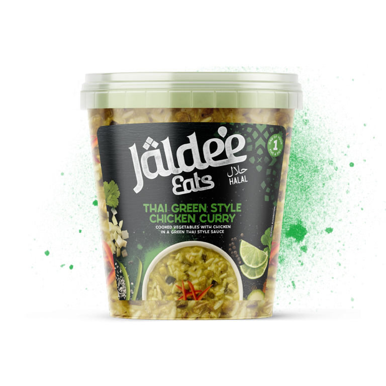 Our Thai Inspired Chicken Curry packaging, with a green powder splatter behind it. Our quick eats pot consists of cooked vegetables with chicken in a green Thai style sauce. Simply good food that is a great protein fix and better than a halal takeaway!